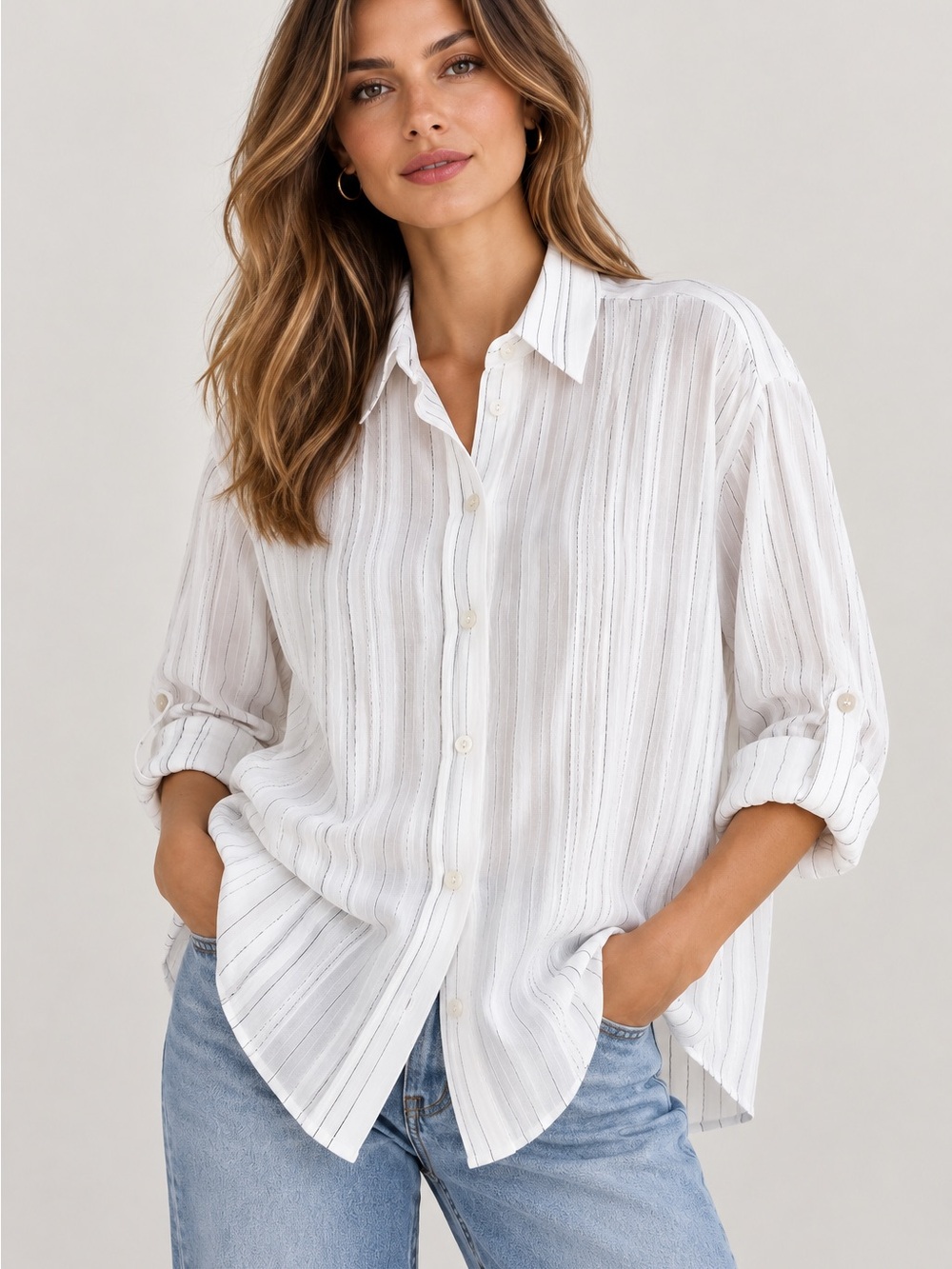 Zara Women’s White Textured Stripe Button-Up Shirt Size M